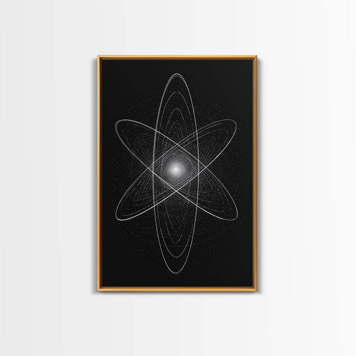 White Atomic Starburst On Black Framed Canvas Print, Modern Wall Art, Space Abstract Art, Science Poster For Home Office