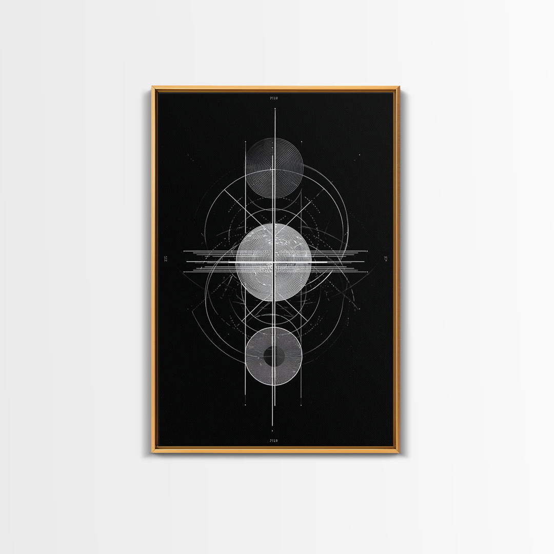 Monochrome Planet Alignment Diagram Wall Art, Modern Geometric Art Print, Midcentury Atomic Decor, Black Space Poster Print