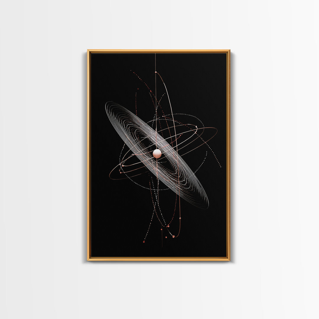 Black Ringed Planet Orbit Lines Canvas Print, Modern Geometric Wall Art, Atomic Retro Decor, Space Poster For Bedroom Decor
