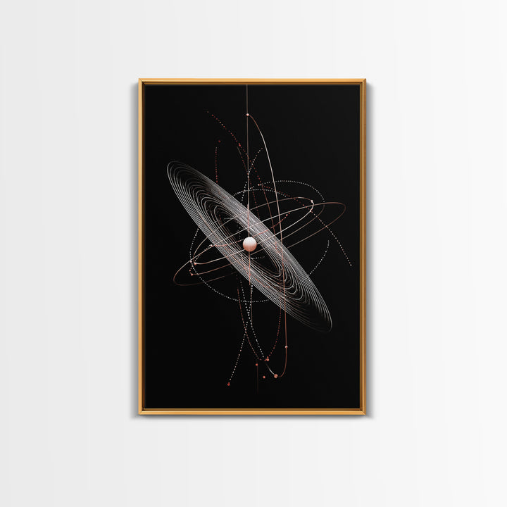 Black Ringed Planet Orbit Lines Canvas Print, Modern Geometric Wall Art, Atomic Retro Decor, Space Poster For Bedroom Decor