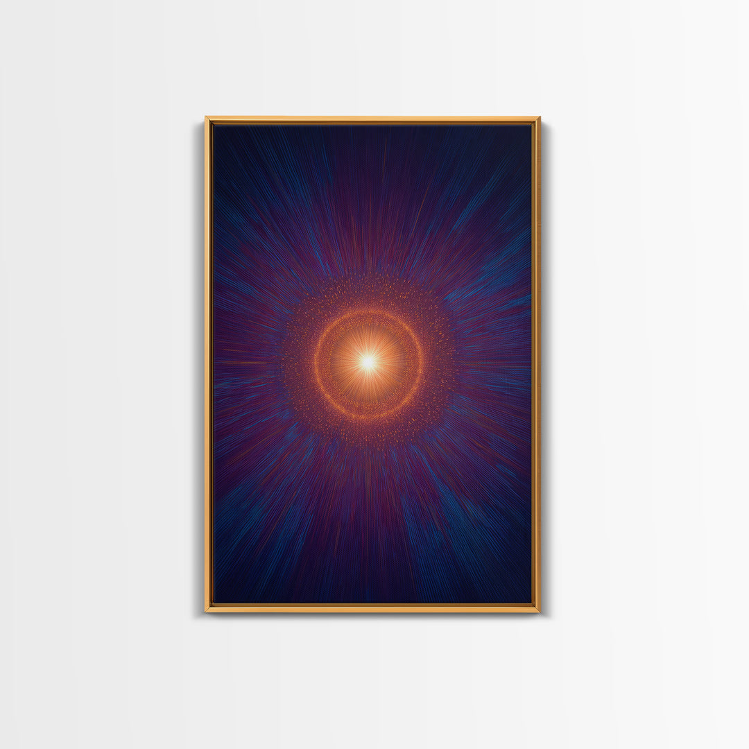 Radiant Orange Cosmic Halo With Blue Purple Rays Wall Art, Midcentury Modern Art, Abstract Space Poster, Mcm Wall Decor Print