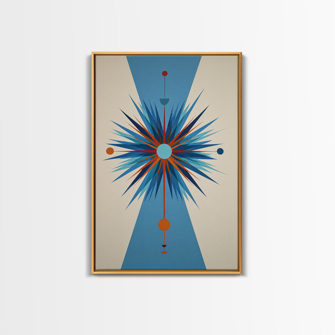 Blue Orange Atomic Starburst On Beige Canvas Print, Midcentury Modern Art, Geometric Wall Art, Retro Mcm Home Decor, 50s Art Print