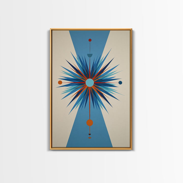 Blue Orange Atomic Starburst On Beige Canvas Print, Midcentury Modern Art, Geometric Wall Art, Retro Mcm Home Decor, 50s Art Print