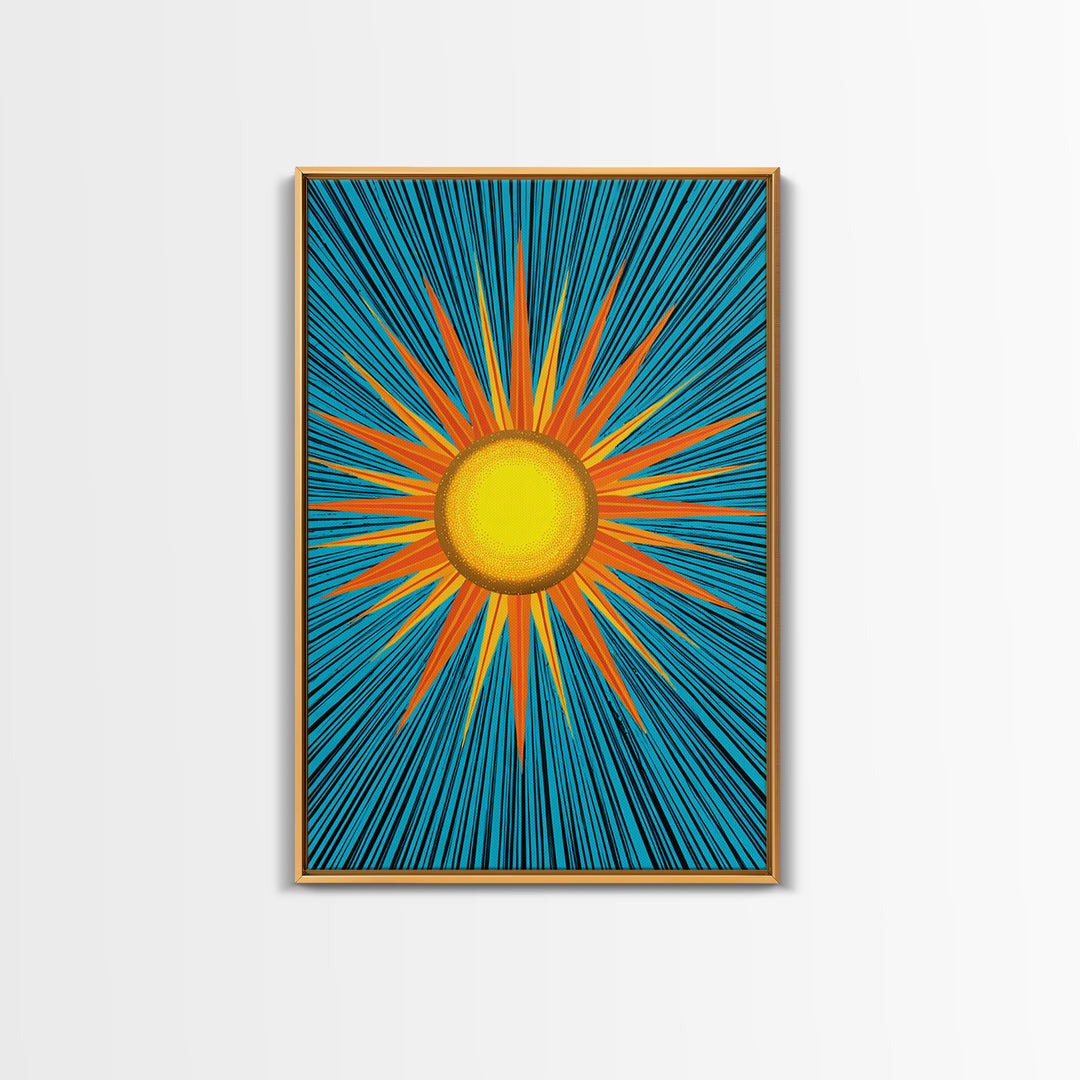 Bright Yellow Sunburst With Turquoise Rays Wall Art, Midcentury Sun, Modern Abstract Art, Retro Pop Art Poster Print, Living Room Decor