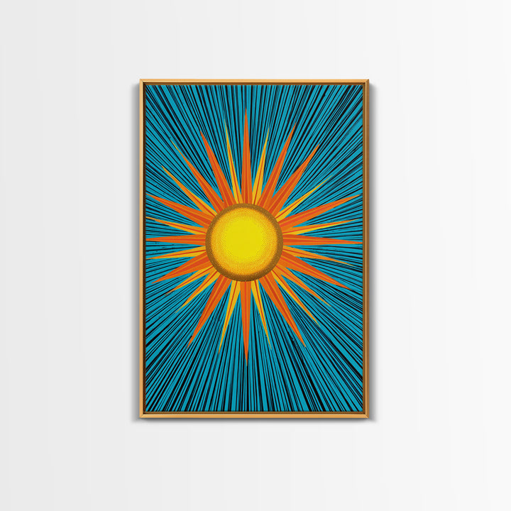 Bright Yellow Sunburst With Turquoise Rays Wall Art, Midcentury Sun, Modern Abstract Art, Retro Pop Art Poster Print, Living Room Decor