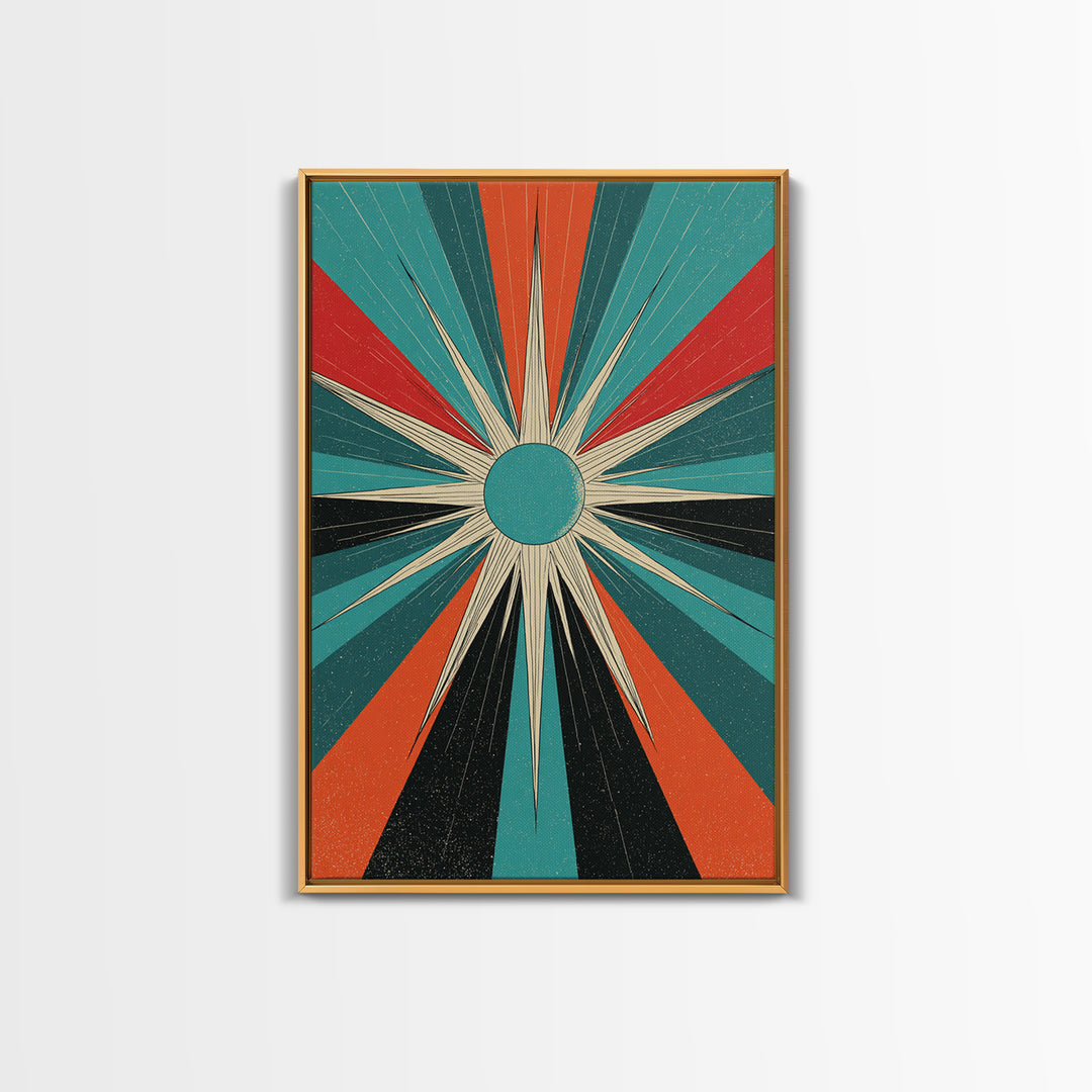 Teal Orange Retro Compass Starburst Framed Canvas Print, Midcentury Wall Art, Geometric Abstract, Atomic Mcm Wall Decor Print
