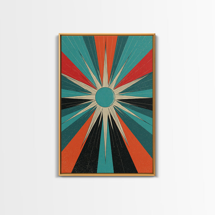 Teal Orange Retro Compass Starburst Framed Canvas Print, Midcentury Wall Art, Geometric Abstract, Atomic Mcm Wall Decor Print