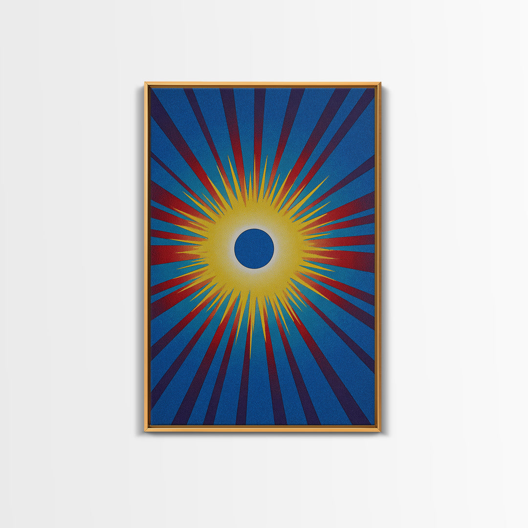 Blue Eclipse Sun With Yellow Burst Wall Art, Midcentury Modern, Space Abstract Art, Retro Poster, Bold Mcm Wall Decor Print