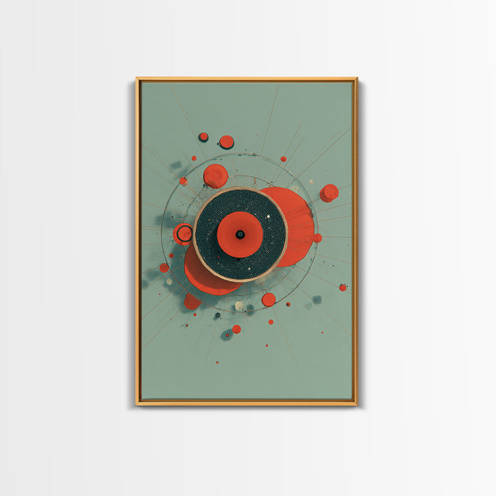 Red Teal Circular Planet Orbit Abstraction Framed Canvas Print, Modern Contemporary Art, Geometric Wall Art, Retro Home Decor