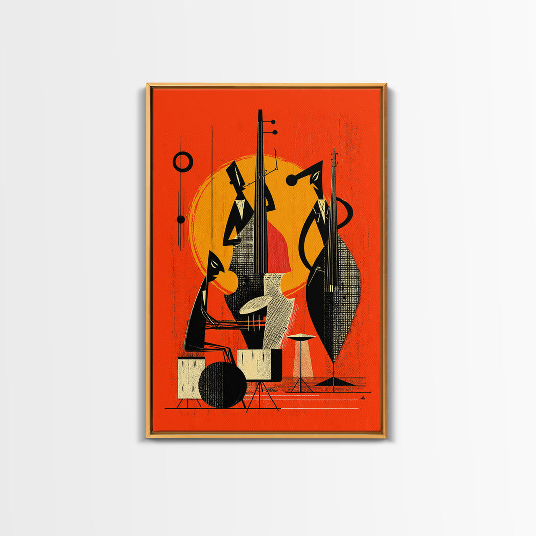 Orange Midcentury Jazz Musicians, Canvas Print, Mid Century Modern Wall Decor, Atomic Abstract Art Poster, Bold Mcm Artwork