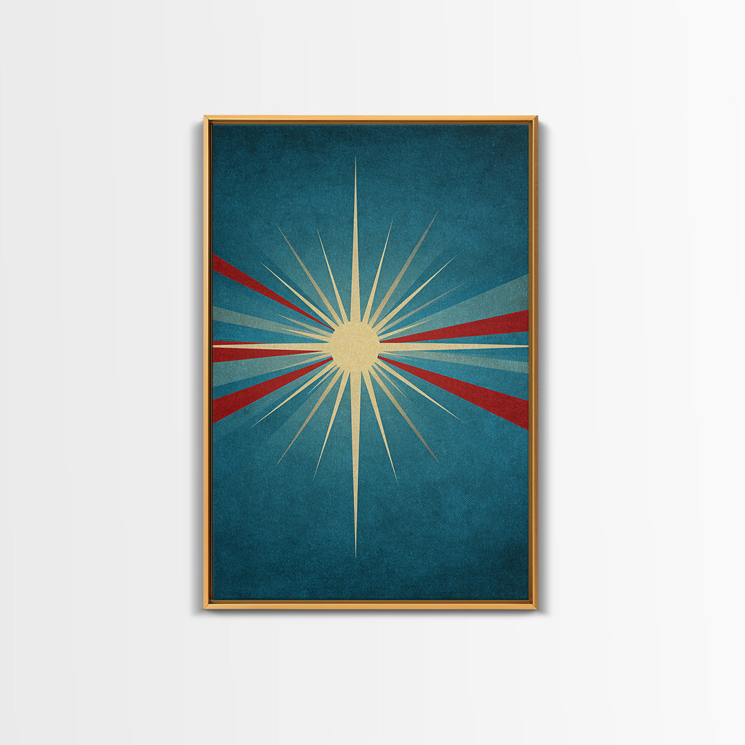 Minimal Teal Starburst With Red Rays Canvas Print, Midcentury Modern Wall Art, Atomic Retro Poster, Mcm Home Decor Print