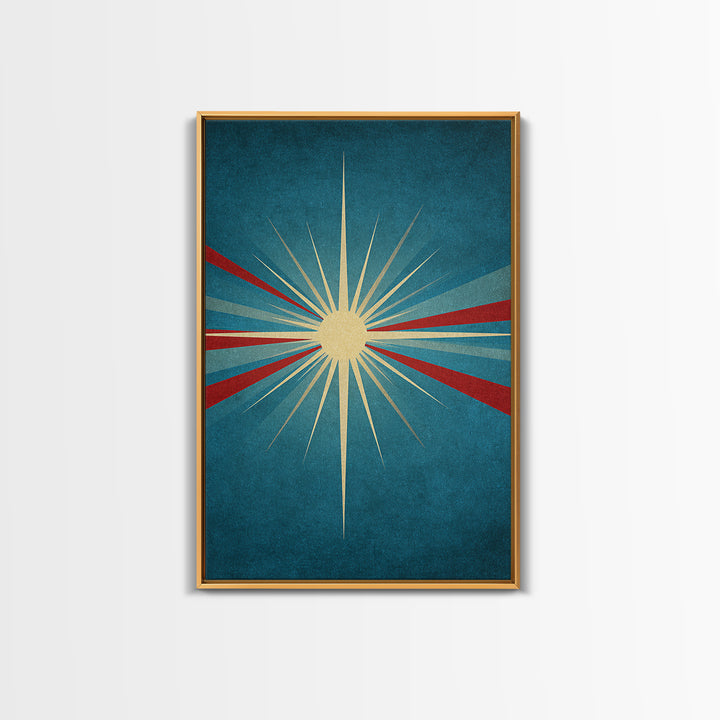 Minimal Teal Starburst With Red Rays Canvas Print, Midcentury Modern Wall Art, Atomic Retro Poster, Mcm Home Decor Print