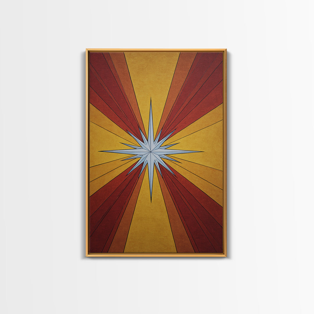 Red Gold Compass Star Canvas Print, Midcentury Modern Art, Atomic Retro Poster, Geometric Wall Decor, 1960s MCM Print Gift