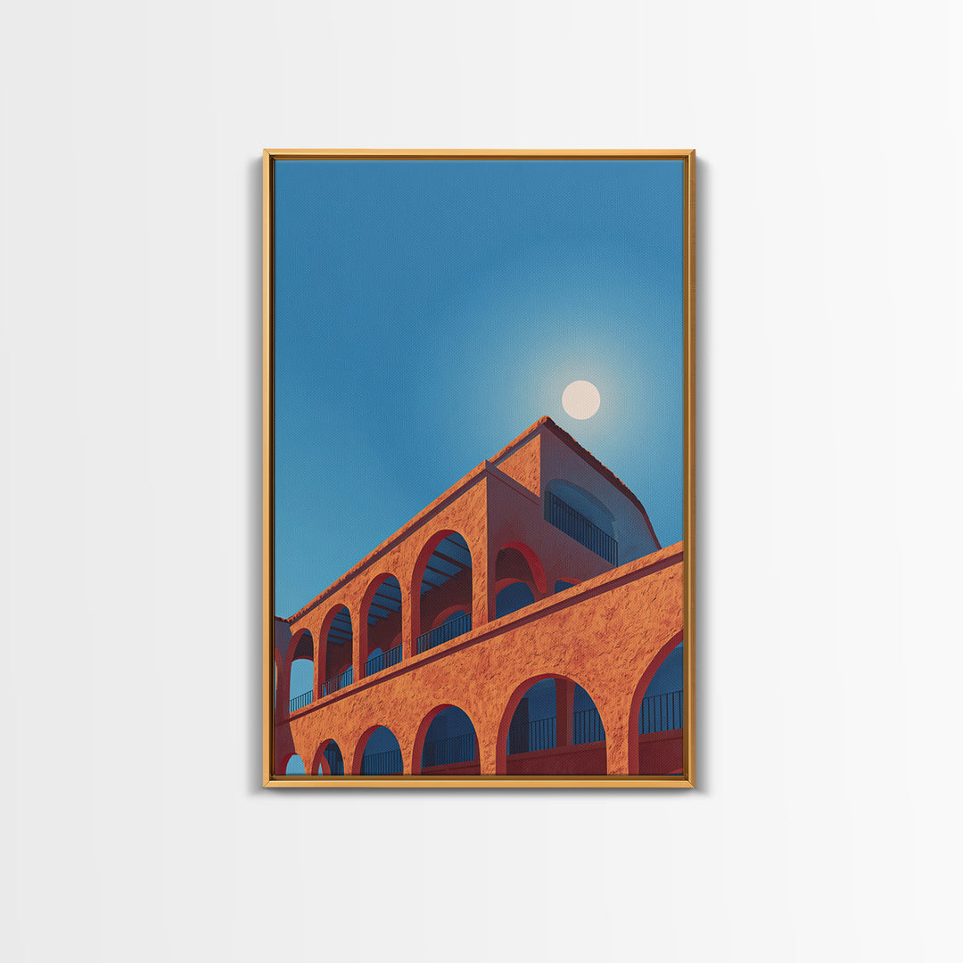 Terracotta Arcade With White Sun Wall Art, Modern Architectural Art, Palm Springs Decor, Orange Blue Travel Poster, MCM Print