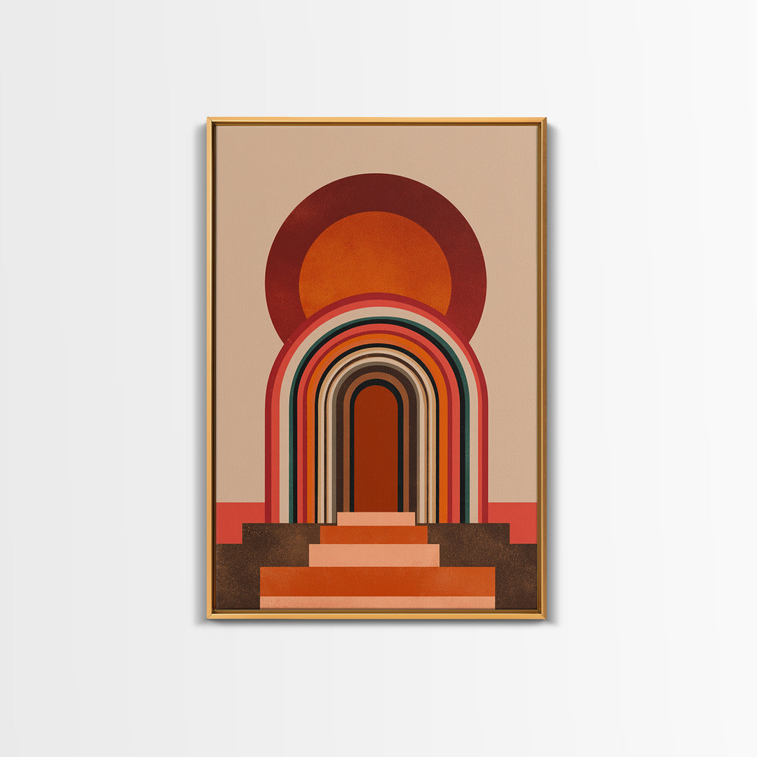 Layered Rainbow Arch Doorway Wall Art, Midcentury Abstract Poster, Geometric Wall Decor, 70s Art Print, Warm Orange MCM Style