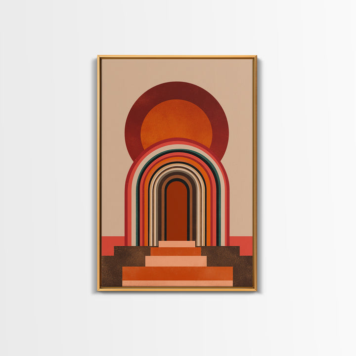 Layered Rainbow Arch Doorway Wall Art, Midcentury Abstract Poster, Geometric Wall Decor, 70s Art Print, Warm Orange MCM Style