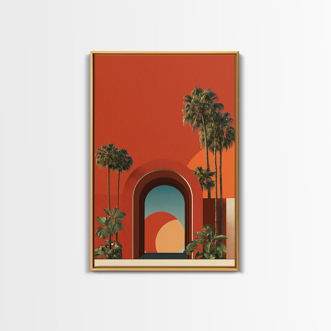 Red Orange Palm Springs Portal Wall Art, Retro Desert Print, Midcentury Modern Decor, Tropical Wall Decor, Bold MCM Poster
