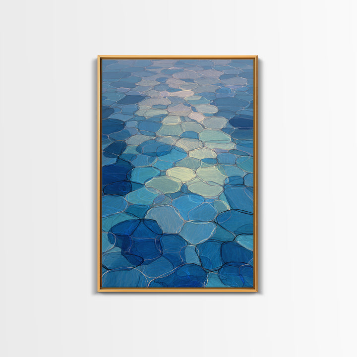 Blue Mosaic Water Path, Framed Canvas Print, Abstract Wall Art, Coastal Modern Decor, Calm Geometric Art For Bedroom And Home