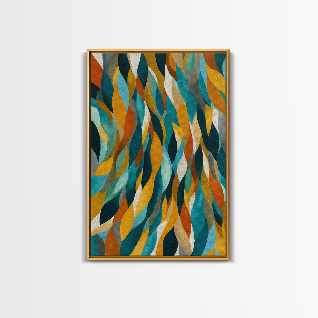 Layered Teal Mustard Leaf Abstract Wall Art, Mid Century Modern Canvas Print, Retro Geometric Statement Living Room Decor