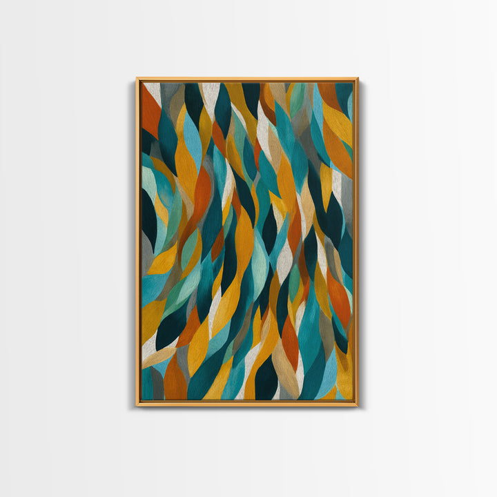 Layered Teal Mustard Leaf Abstract Wall Art, Mid Century Modern Canvas Print, Retro Geometric Statement Living Room Decor