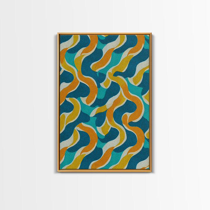 Wavy Teal Gold Ribbon Abstract Wall Art, Mid Century Modern Canvas Print, Retro Geometric Pattern Bedroom Living Room Decor