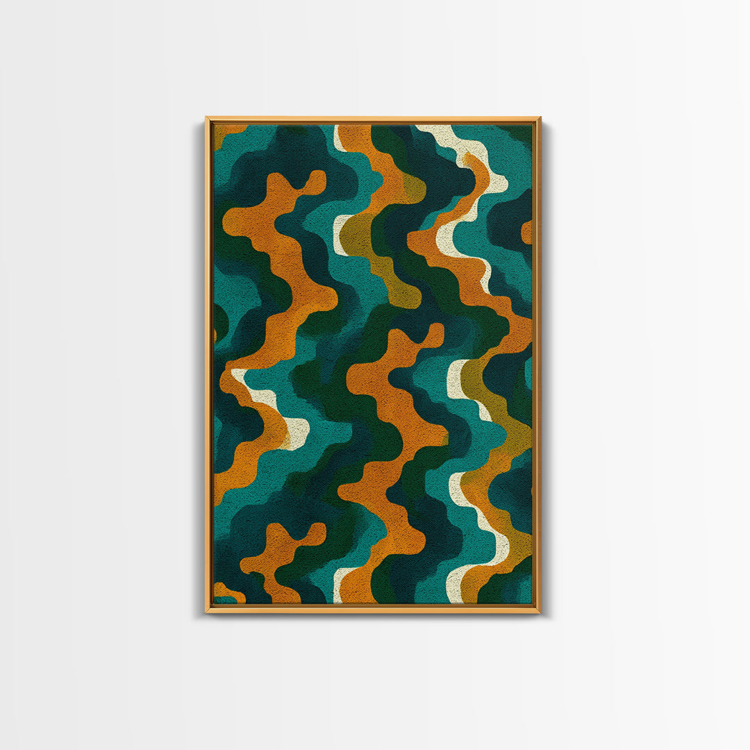 Organic Teal Orange Wave Abstract Wall Art, Mid Century Modern Canvas Print, Retro Groovy Funky Pattern Living Room Decor