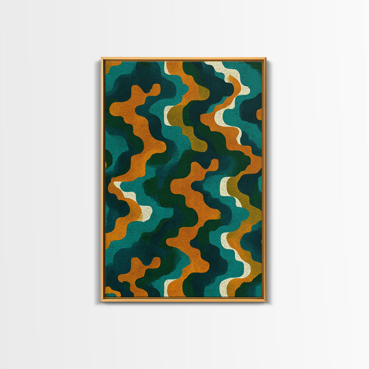 Organic Teal Orange Wave Abstract Wall Art, Mid Century Modern Canvas Print, Retro Groovy Funky Pattern Living Room Decor