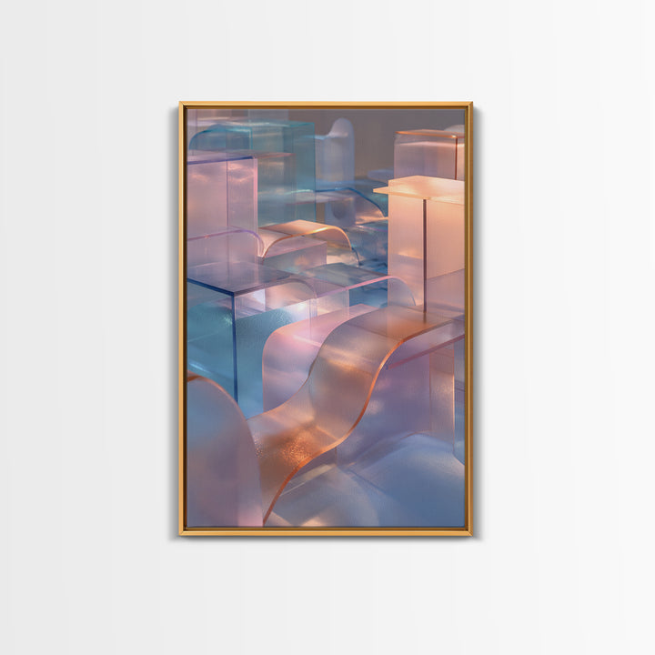 Pastel Glass City Blocks, Canvas Print, Modern Abstract Art, Architectural Wall Decor, Soft Blue Pink Home Office Artwork