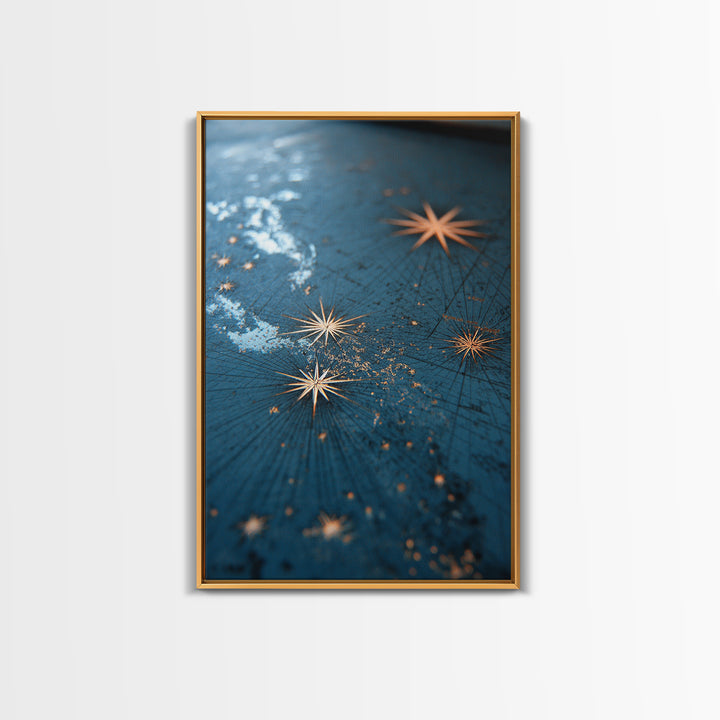 Gold Starburst Night Sky Wall Art, Blue Celestial Abstract Print, Midcentury Modern Decor, Bedroom And Living Room Decor