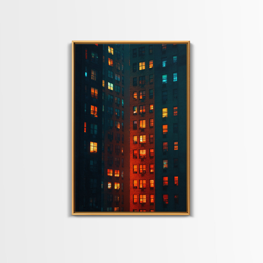 Glowing Apartment Windows Wall Art, Urban Night Photography Print, Modern Wall Decor, Cityscape Poster For Loft Living Room