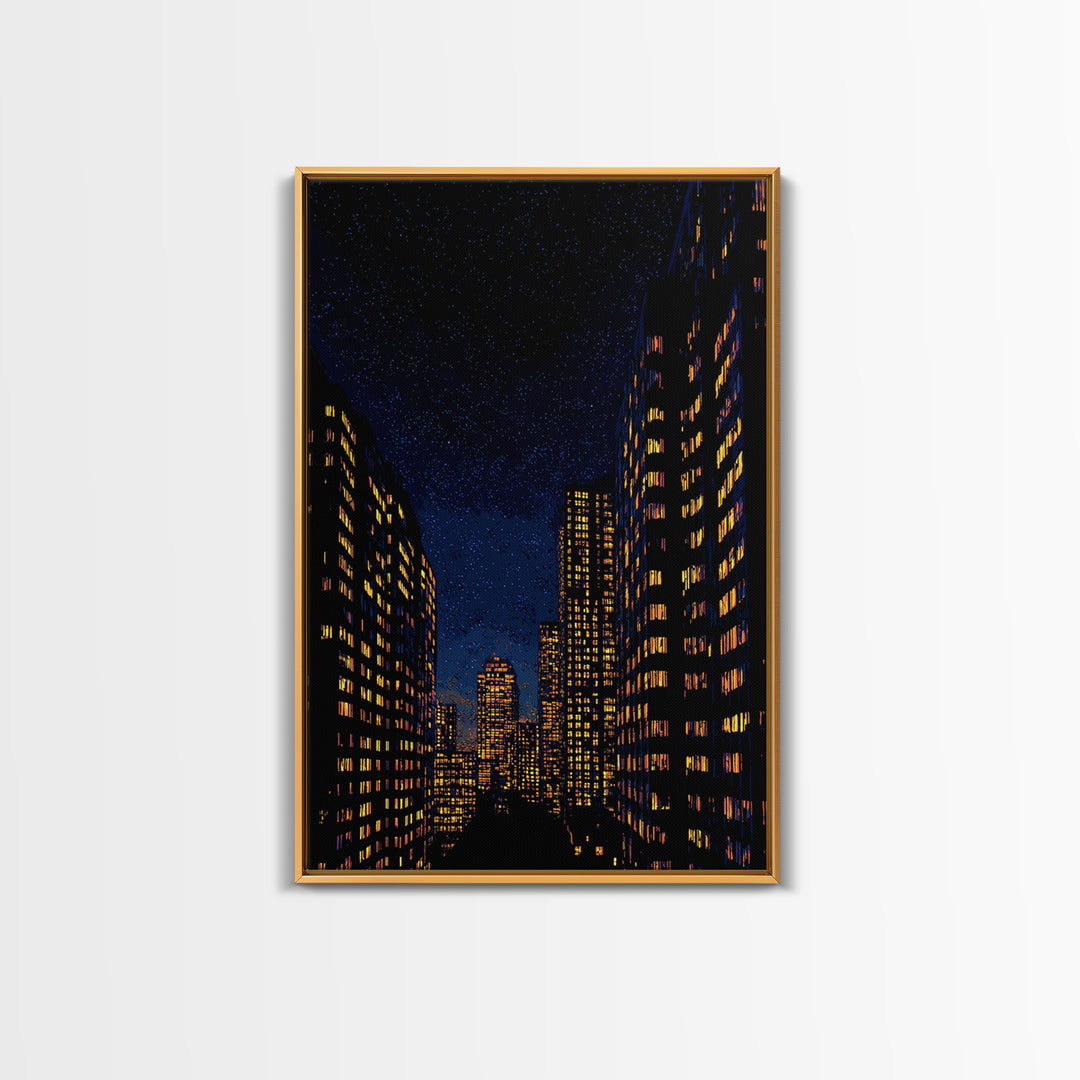 Starry City Street Canvas Print, Night Skyline Between Tall Buildings, Modern Wall Art Decor, Urban Poster For Home Office