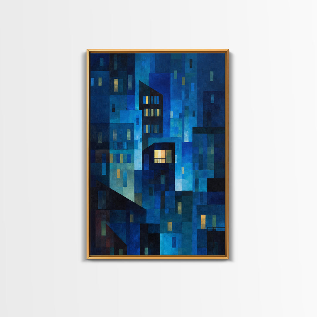 Abstract Blue City Blocks Wall Art, Geometric Night Buildings Print, Midcentury Modern Decor, Contemporary Living Room Art