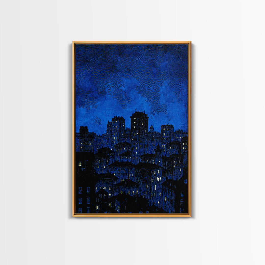 Indigo Linocut Cityscape Canvas Print, Night Skyline Wall Art, Blue Modern Art Print, Urban Home Office Decor Poster Gift