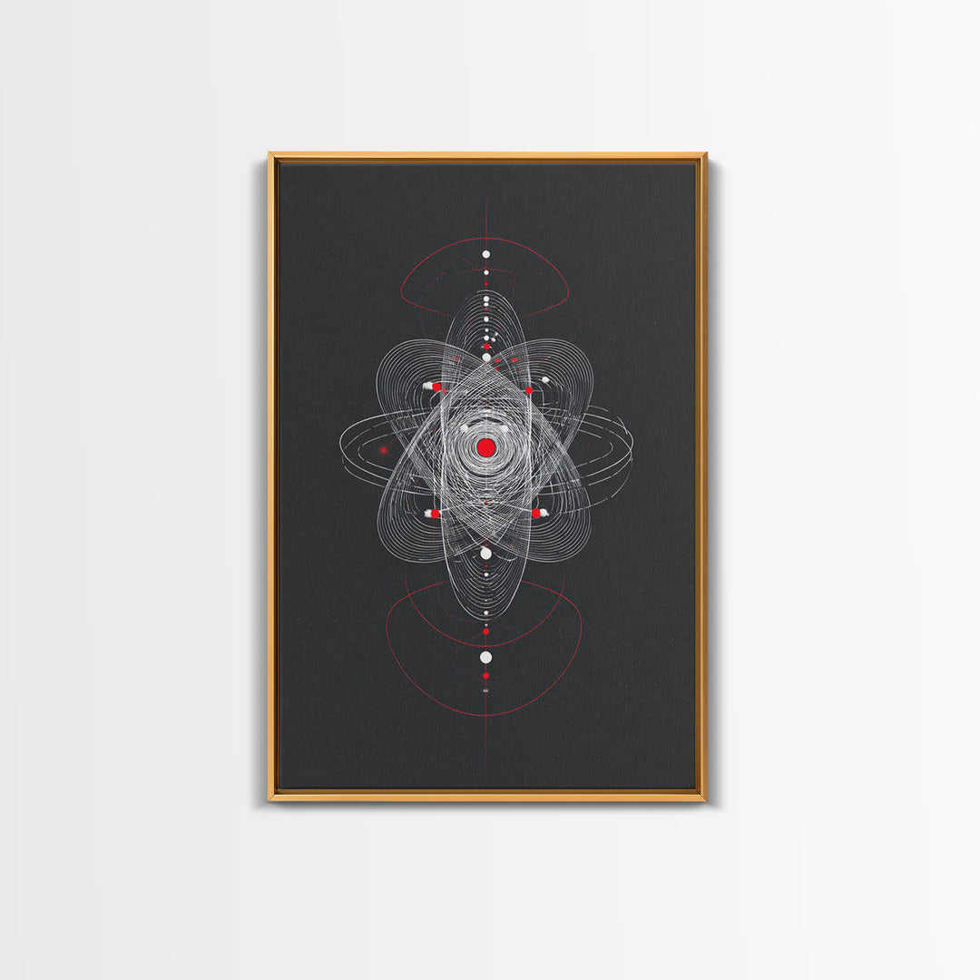 Atomic Orbit Geometry Wall Art, Red White Abstract Line Print, Midcentury Modern Decor, Space Sci Fi Poster For Office Studio