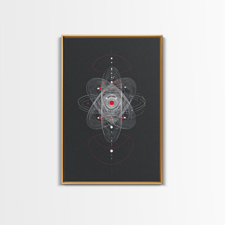 Atomic Orbit Geometry Wall Art, Red White Abstract Line Print, Midcentury Modern Decor, Space Sci Fi Poster For Office Studio