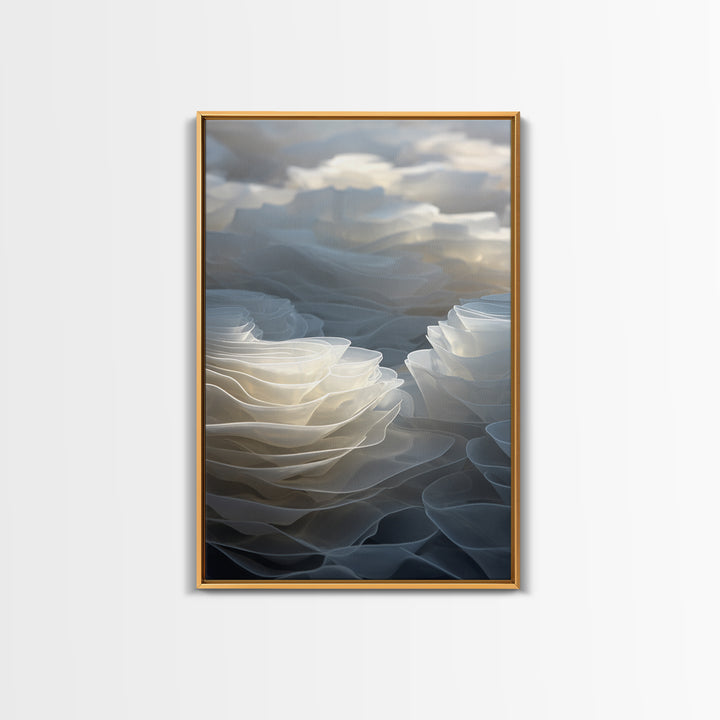 White Layered Petal Waves, Framed Canvas Print, Minimalist Wall Art, Neutral Abstract Decor, Soft Botanical Modern Artwork