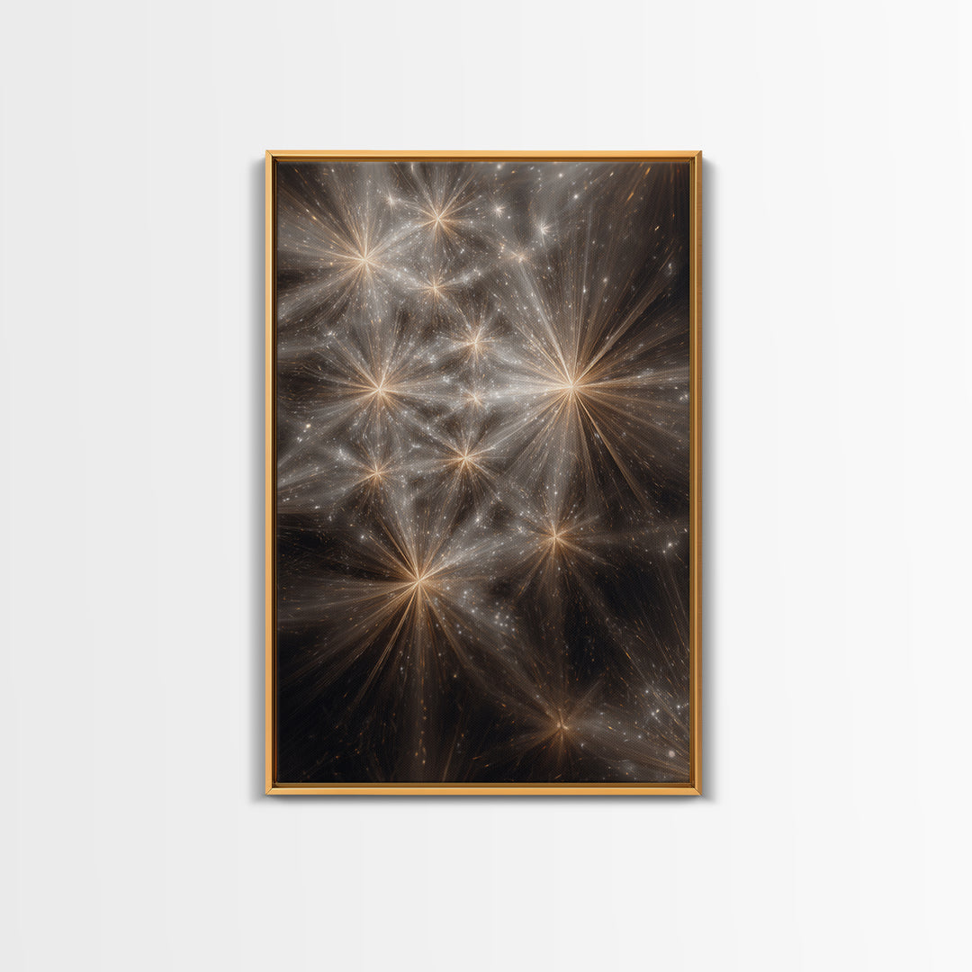 Golden Cosmic Starburst Network Framed Canvas Print, Space Abstract Art, Modern Wall Art, Statement Wall Decor, Luxury Home Decor
