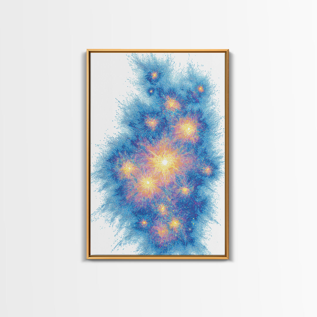 Blue Gold Particle Burst Abstract Wall Art, Modern Digital Art Print, Space Abstract Art, Colorful Poster, Home Office Decor