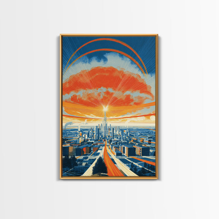 Retro Futurist City Sunset Wall Art, Orange Blue Midcentury Modern Poster, Architectural Art, Travel Wall Decor, Large Print