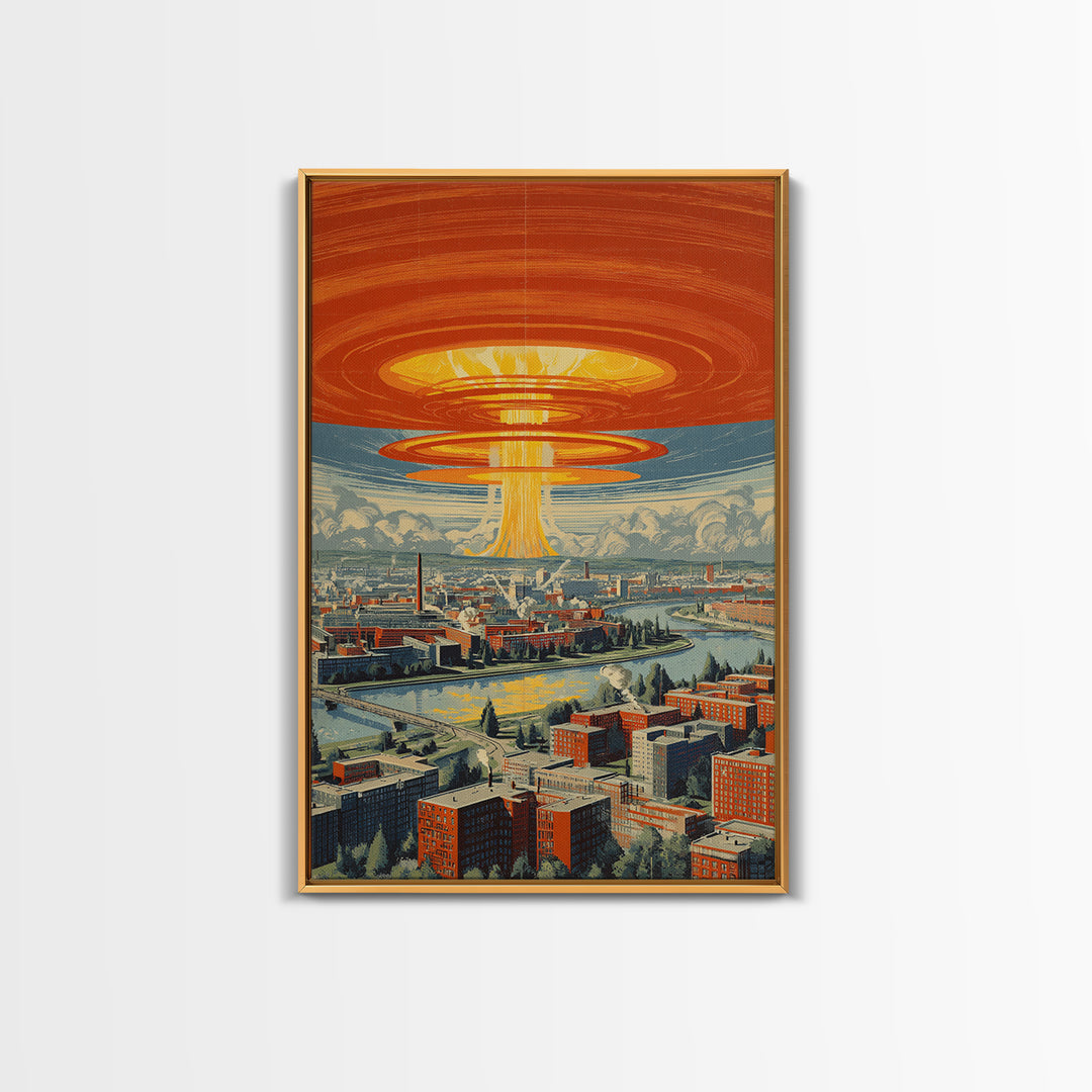 Retro Futuristic City With Orange Saucer Beam, Canvas Print, Mid Century Modern Wall Art, Sci Fi Poster, Atomic MCM Decor