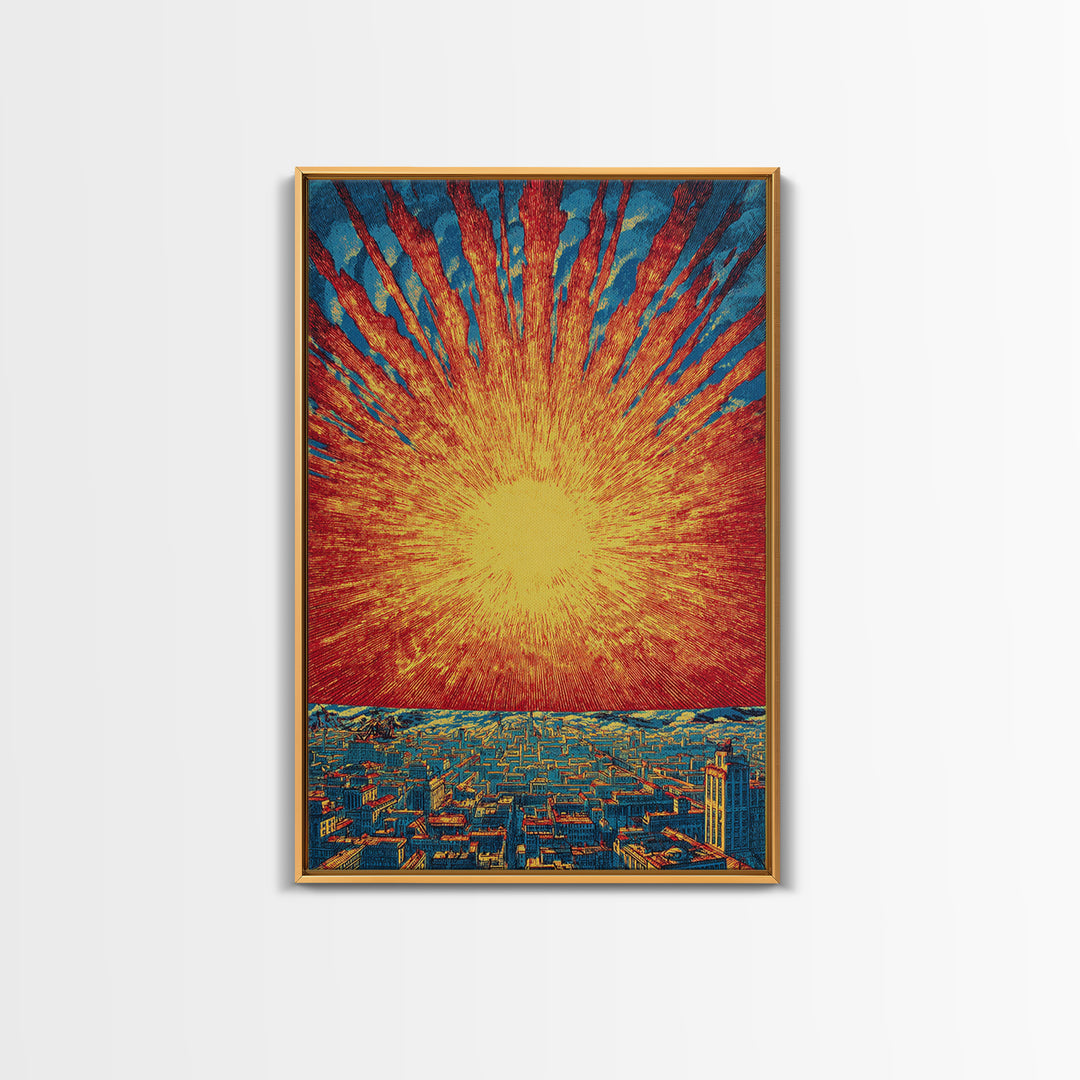 Fiery Solar Burst Over City Skyline, Wall Art, Mid Century Modern Art Print, Retro Sci Fi Poster, Atomic Orange Home Decor