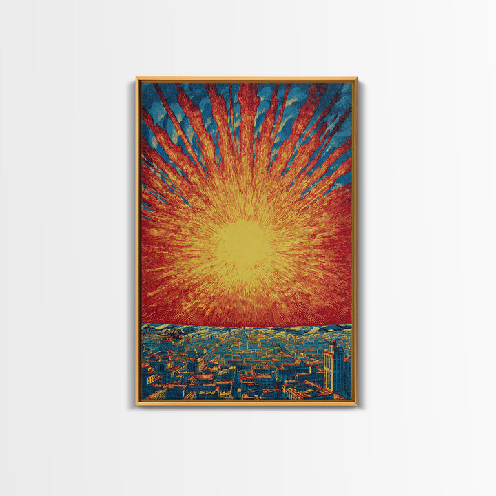 Fiery Solar Burst Over City Skyline, Wall Art, Mid Century Modern Art Print, Retro Sci Fi Poster, Atomic Orange Home Decor