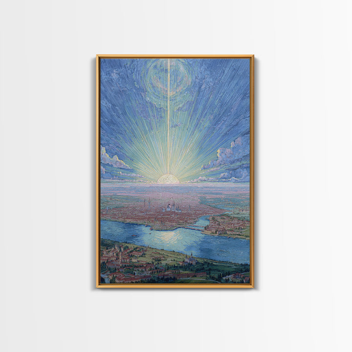 Pastel Sunrise Over Historic Waterfront City, Framed Canvas Print, Modern Wall Art, Scenic Travel Poster, Blue Home Decor
