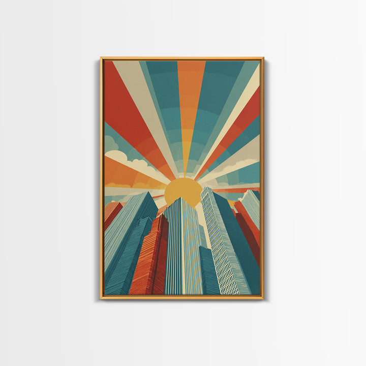 Low Angle Skyscrapers With Radiant Sun, Canvas Print, Mid Century Modern Wall Art, Geometric Poster, Retro Office Decor Print