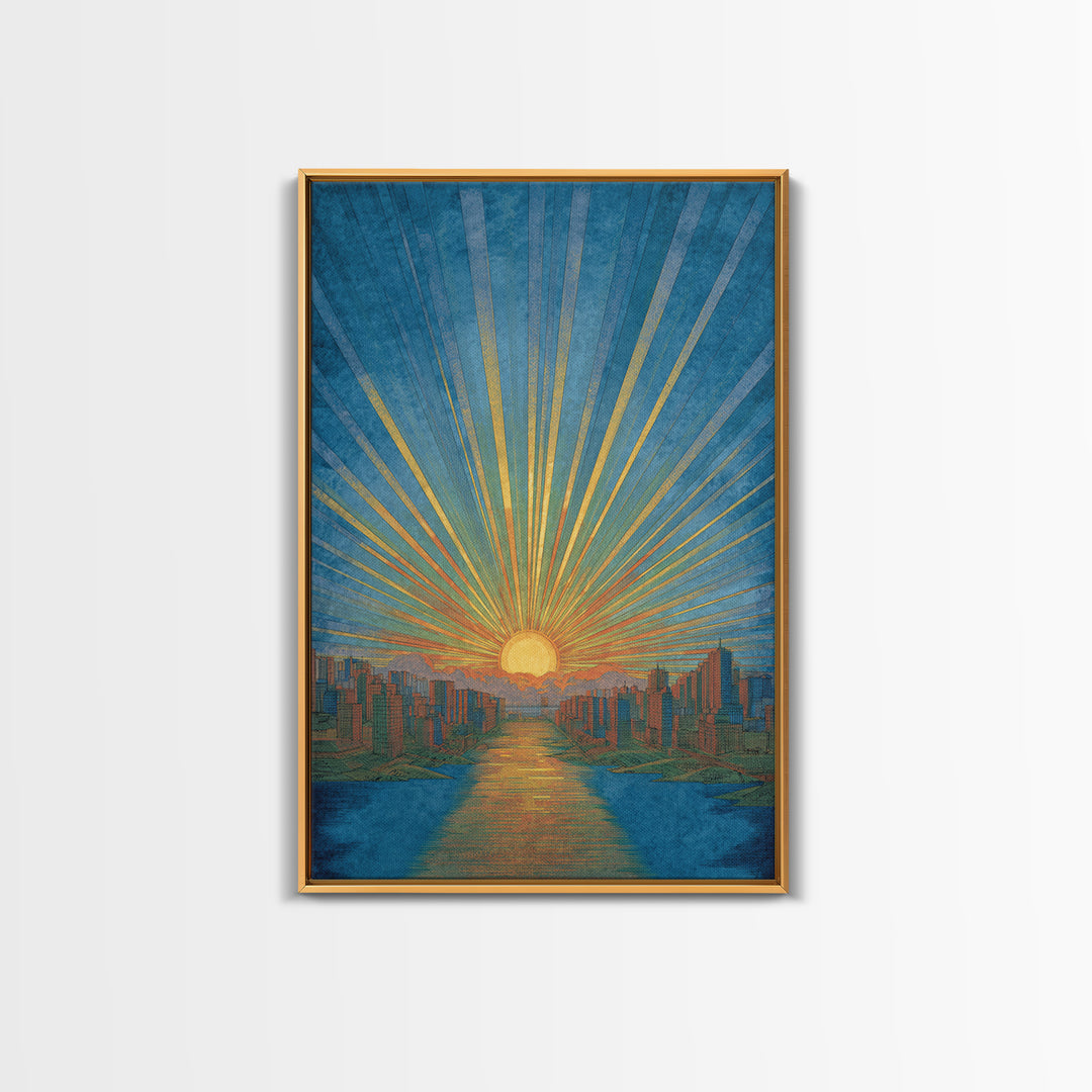 Blue River Sunset Over Modern City Skyline, Wall Art, Mid Century Modern Art Print, Retro Sun Poster, Teal Orange Decor