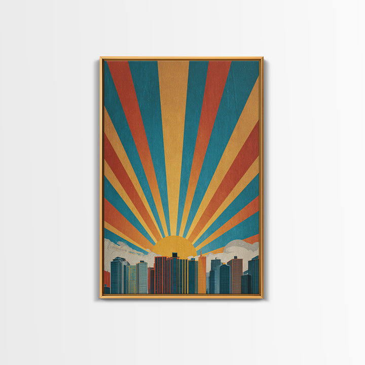 Bold Sunrise Behind Downtown Skyline, Canvas Print, Mid Century Modern Wall Art, Retro Geometric Poster, Teal Orange Decor