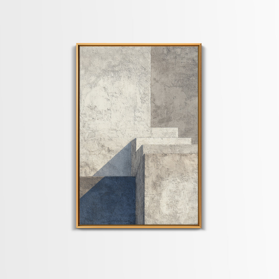 Minimal Concrete Stair Shadow Canvas Print, Modern Abstract Wall Art, Neutral Architectural Decor, Blue Beige Office Poster