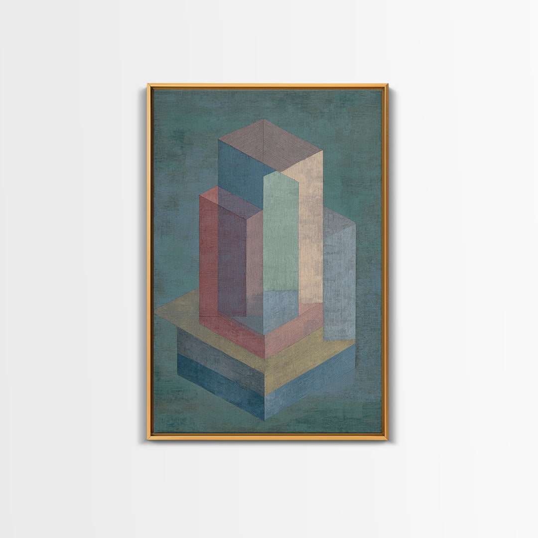 Teal Isometric Blocks Framed Canvas Print, Midcentury Modern Geometric Wall Art, Pastel Architecture Decor, MCM Artwork Print