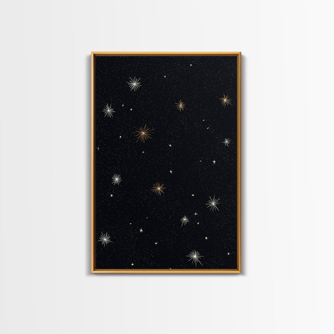 Black Night Sky Starburst Canvas Print, Gold White Celestial Wall Art, Retro Space Poster, Minimal Cosmic Modern Decor Print