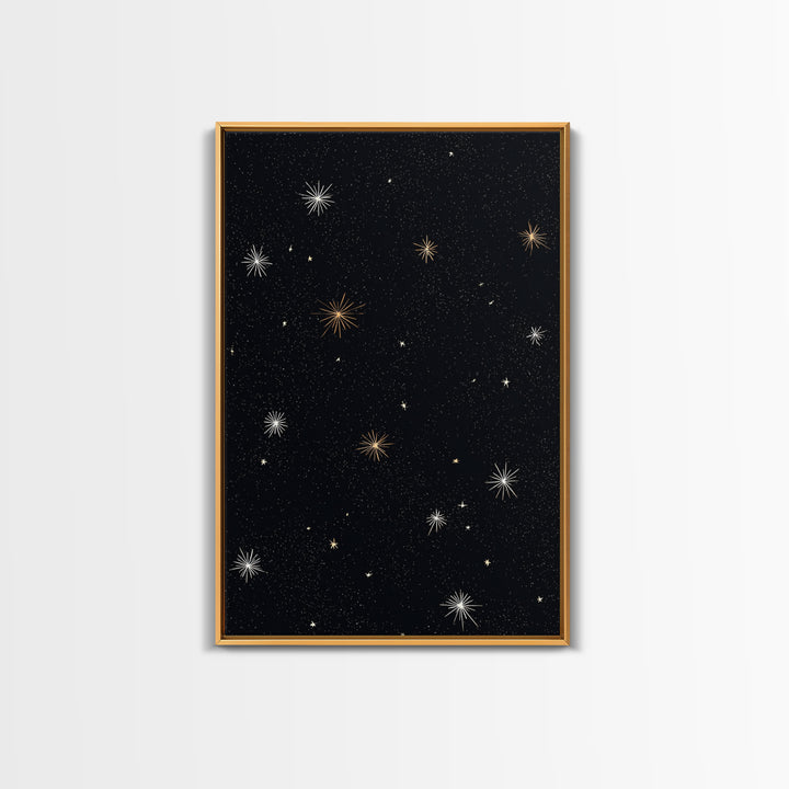 Black Night Sky Starburst Canvas Print, Gold White Celestial Wall Art, Retro Space Poster, Minimal Cosmic Modern Decor Print